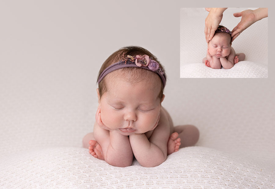 Newborn baby girl wear a with a purple headband with flowers posed in the frog pose on a cream backdrop in a studio in Doncaster. A second picture shows mum with her hands holding her daughter to keep her save.